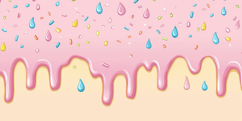 Pink icing drips down, adorned with colorful sprinkles and droplets. Sweet treat background.
