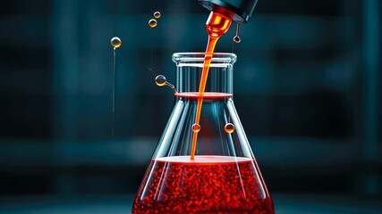 A dropper dispensing red liquid into a glass flask, in a laboratory setting with a blue background. - Powered by Adobe