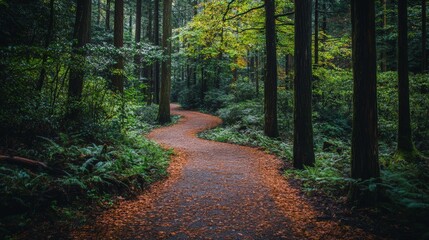 Obraz premium A winding path through a lush, green forest. The sunlight streams through the trees, casting dappled shadows on the ground.