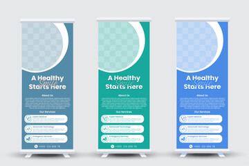 Professional health care and medical roll up design, standee and banner template