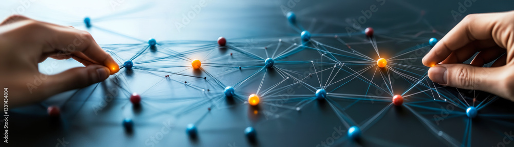 Poster hands connecting abstract network of nodes and lines on table representing teamwork and technology i