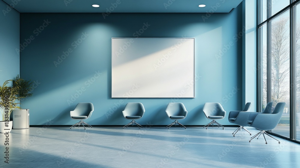 Poster soothing blue walls encompass a minimalist waiting area filled with sleek chairs. natural light floo