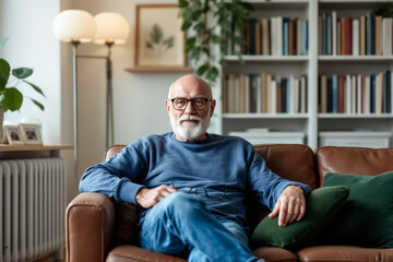 Fototapeta premium relaxed senior man sits on a brown leather couch in a comfortable home setting
