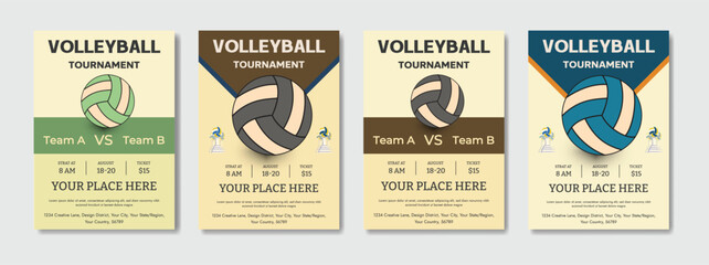 Volleyball charity tournament flyer layout. Volleyball camp posters, flyer with volleyball ball template vector design Modern volleyball poster template with sample text in separate layer