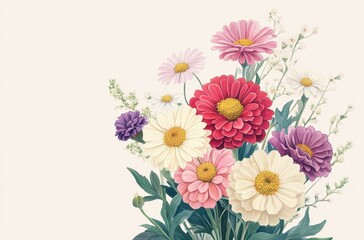 Vibrant Arrangement of Colorful Flowers Including Zinnias, Daisies, and Other Blooms Against Soft Beige Background for Design and Decoration