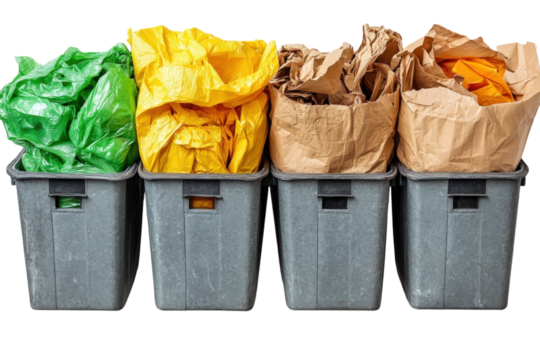 Colorful recycling bins sorting waste materials in a clean urban environment