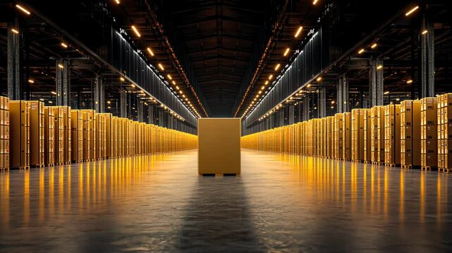 An empty warehouse with neatly aligned rows of yellow boxes, showcasing an industrial storage space.