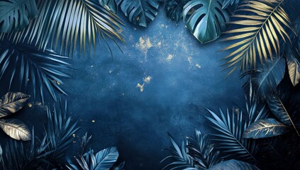 Lush Green Leaves Framing a Deep Blue Background with Subtle Gold Accents for Nature-Inspired Designs and Aesthetic Projects