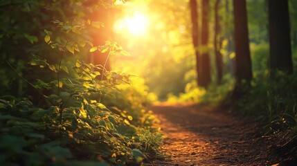Obraz premium A path through the forest leading towards the setting sun.