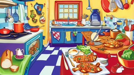 Vibrant Folk Art Kitchen Scene with Roasted Chicken in Warm Color Palette