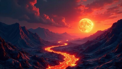 Fiery planet with lava rivers and erupting volcanoes, fantasy, fire, danger