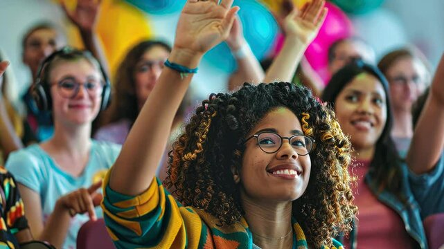 Youths in a classroom raising hands, engaging in education on Youth Day. International Youth Day