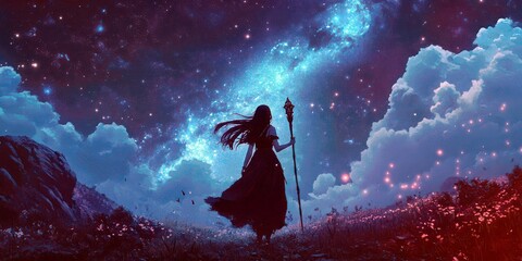Fototapeta premium Enchanting silhouette of a mystical figure holding a staff under a vibrant star-filled galaxy with colorful clouds and a blooming meadow