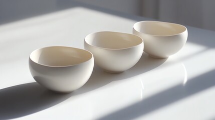 Three minimalist white porcelain bowls arranged on a bright surface.  Perfect for a clean, modern aesthetic.