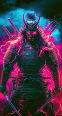 Obraz premium Vibrant Samurai Warrior in Futuristic Cyberpunk Style with Electric Aura and Dramatic Color Explosion for Fantasy and Sci-Fi Themes
