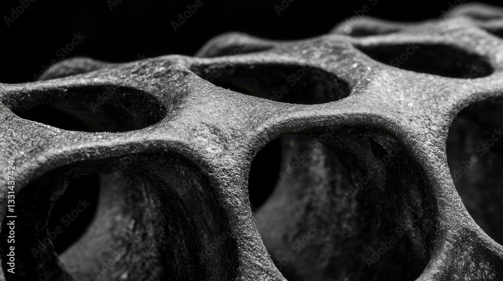 Poster close up of a textured, porous, black and white object with repeating circular holes. the surface is