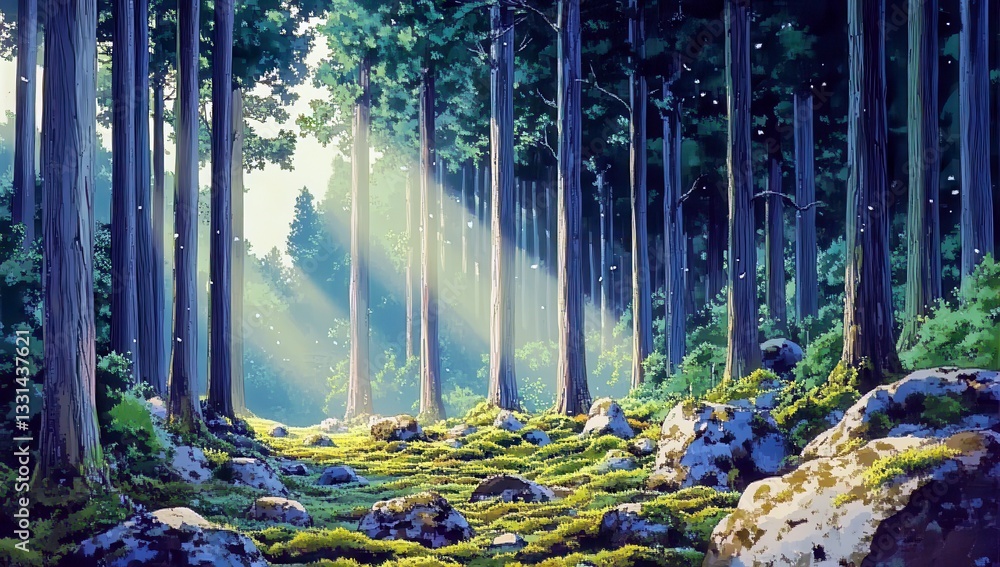 Aufkleber sunlight filters through tall trees in a lush forest scene with soft green moss and boulders, creati