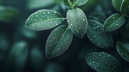 Close up of lush green leaves covered in water droplets, dark background, moody lighting, nature photography.