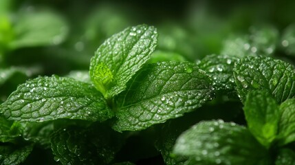 Close up of vibrant green mint leaves glistening with water droplets. Dark background enhances the bright, fresh green color.