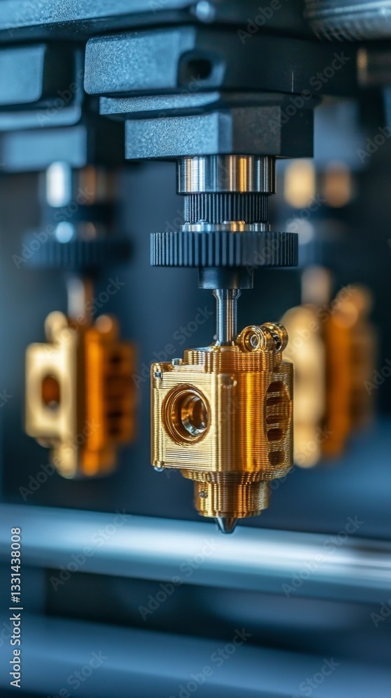 Poster close up view of metallic gold colored components during a precision manufacturing process. the imag