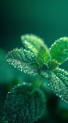 Close up of a vibrant green plant with water droplets on its leaves, shot in soft, diffused light against a blurred background.