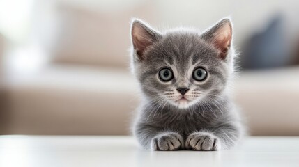 Adorable gray kitten sits on a table. Ideal for pet websites, blogs, or animal-themed projects.