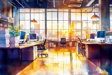 Bright and Modern Office Space with Large Windows Overlooking the City Skyline at Sunset