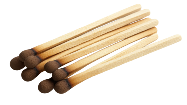 Matches arranged in a neat pile on a white background, ready for use in various activities and occasions