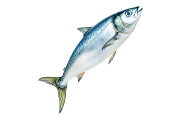 Fresh mackerel fish with detailed scales and fins isolated on white transparent background. Concept of seafood and marine life