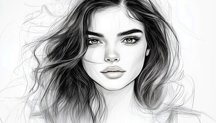 Naklejka premium Stunning Artistic Sketch of a Young Woman with Flowing Hair in a Minimalist Black and White Style, Capturing Intricate Beauty and Elegance