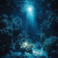 Fototapeta premium Underwater scene with coral and sunlight filtering through the water.