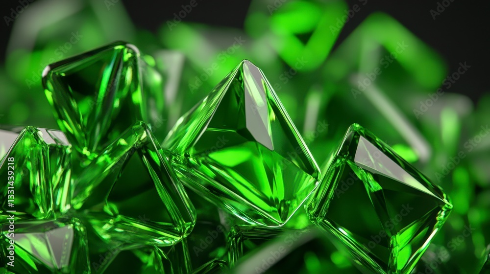 Poster close up view of vibrant green crystals with sharp facets and reflective surfaces against a dark bac