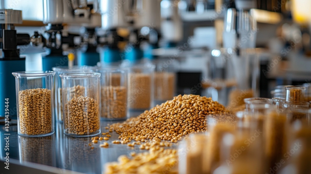 Poster cereal grains are carefully prepared in a high-tech lab, featuring precision tools and organized sam
