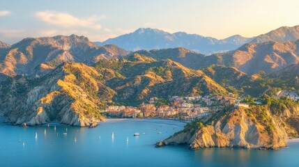 Coastal town nestled in golden hills, overlooking a calm bay with sailboats. Warm sunlight bathes the landscape in a tranquil, idyllic atmosphere.