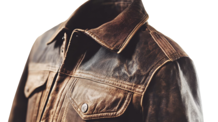 Vintage leather jacket displayed against a white background showcasing its unique texture and craftsmanship