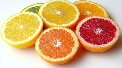 Vibrant citrus fruit slices arranged on a white background. The image showcases a variety of oranges, grapefruits, and limes, highlighting their juicy segments and bright colors.