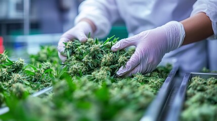A skilled worker in a modern cannabis processing facility carefully inspects and sorts vibrant green cannabis buds