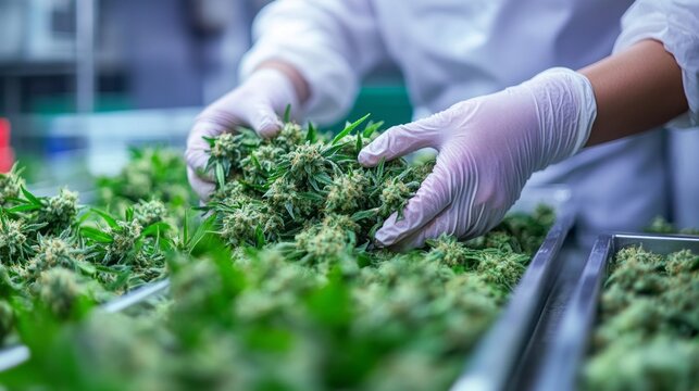 A skilled worker in a modern cannabis processing facility carefully inspects and sorts vibrant green cannabis buds