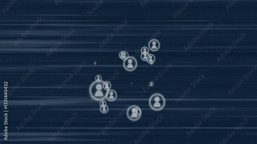 Poster animation of connected user icons on digital blue background with lines