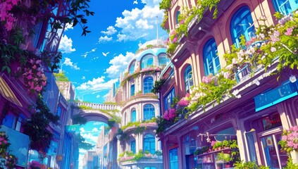 Obraz premium Vibrant Cityscape with Lush Greenery and Colorful Buildings Beneath a Bright Blue Sky Filled with Fluffy Clouds and Birds in a Serene Urban Environment