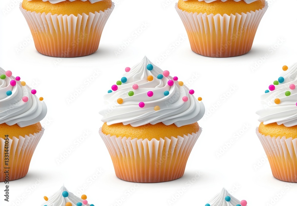 Poster close up of a cupcake with white frosting and colorful sprinkles, repeated in a seamless pattern on 