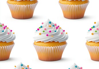 Close up of a cupcake with white frosting and colorful sprinkles, repeated in a seamless pattern on a white background.