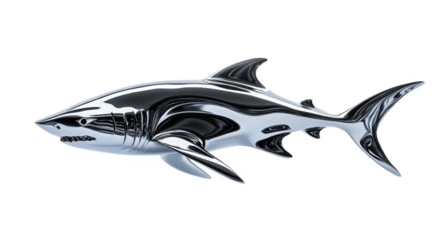 Shiny metallic shark sculpture designed to showcase marine life in a unique artistic style
