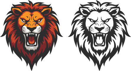 Aggressive lion logo in color version and black silhouette, angry lion head, lion icon or logo.