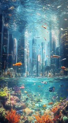 Submerged metropolis: A vibrant underwater city scene with skyscrapers, coral reefs, and diverse fish.  Digital art, fantasy, futuristic.