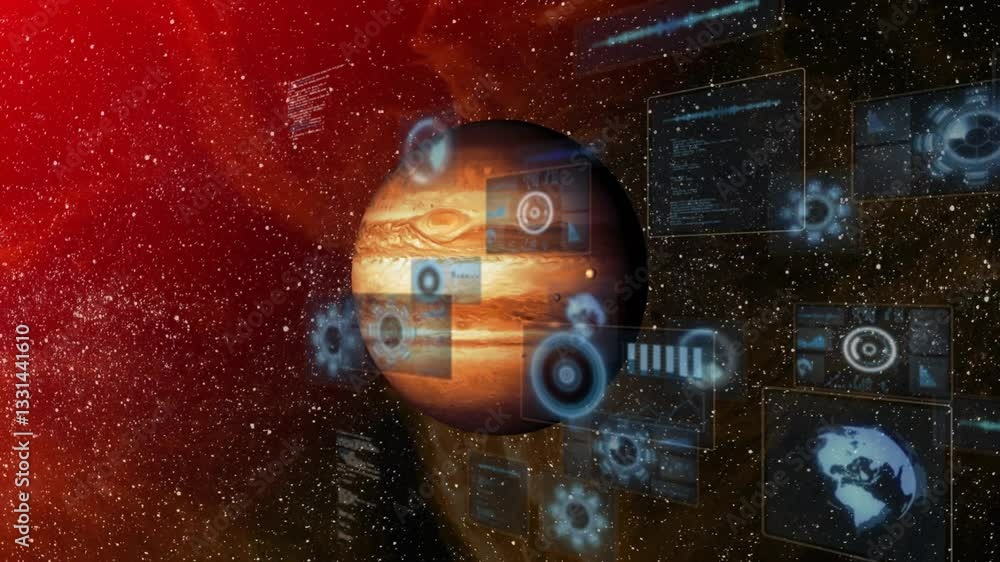 Poster animation of futuristic interface elements and digital data on planet in outer space