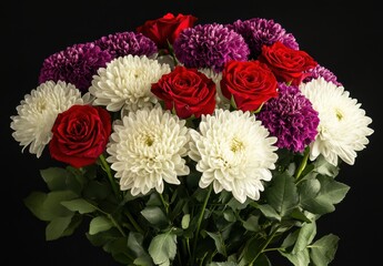 Vibrant Arrangement of Red Roses, White Chrysanthemums, and Purple Flowers Isolated on a Black Background for Floral Design and Decoration Purposes