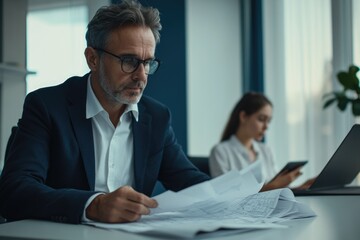 Fototapeta premium A businessman in glasses reviews blueprints at his desk, while a colleague works in the background.