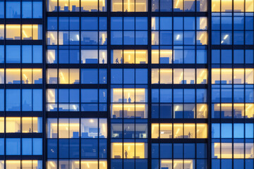 Fototapeta premium illuminated windows of a modern glass skyscraper at twilight
