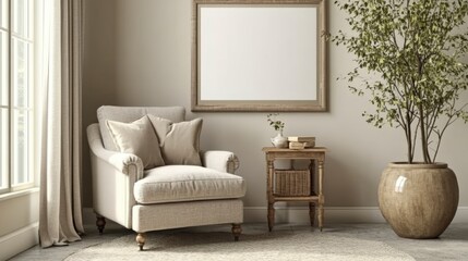 Fototapeta premium Beige armchair with pillows sits in a sunlit room near a wooden end table, potted plant, and framed artwork. Neutral color palette, soft light.